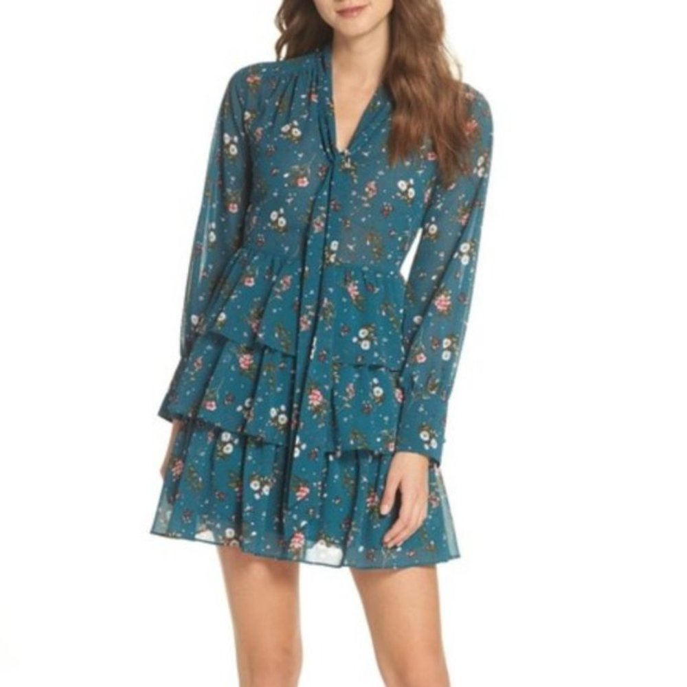 Chelsea28 Tiered Floral Tie Neck Dress XS